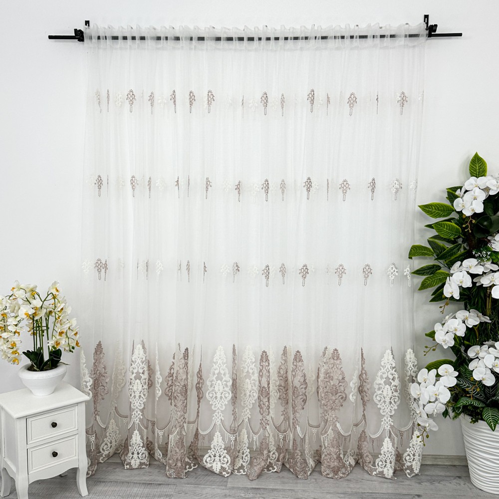 Set 2 Perdele Emerald din Tulle cu Broderie, model elegant, Alb - Roze, 150cm latime x 160cm inaltime, cu rejansa pentru sina — imaginea 11