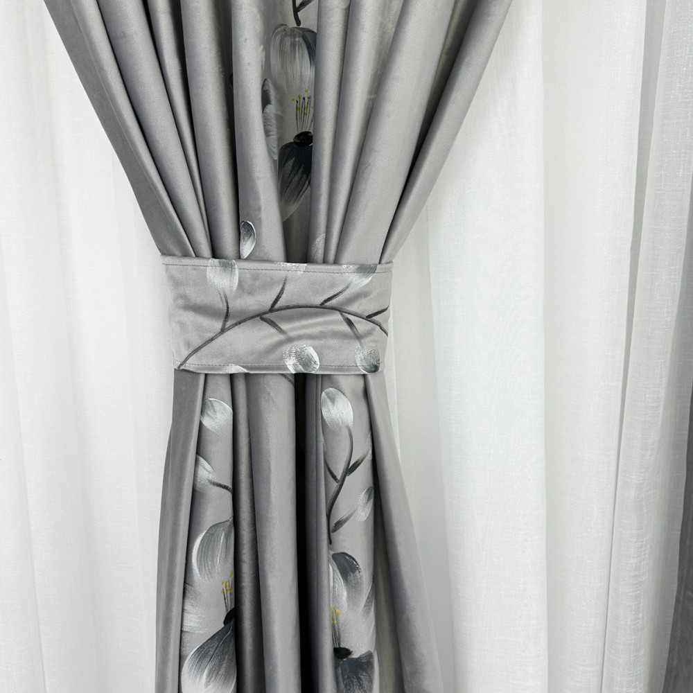 Set 2 bucati Draperie Catifea Pictata Manual, Gri deschis, flori, 200cm latime x 232cm inaltime, cu rejansa pentru bara – imagine 4