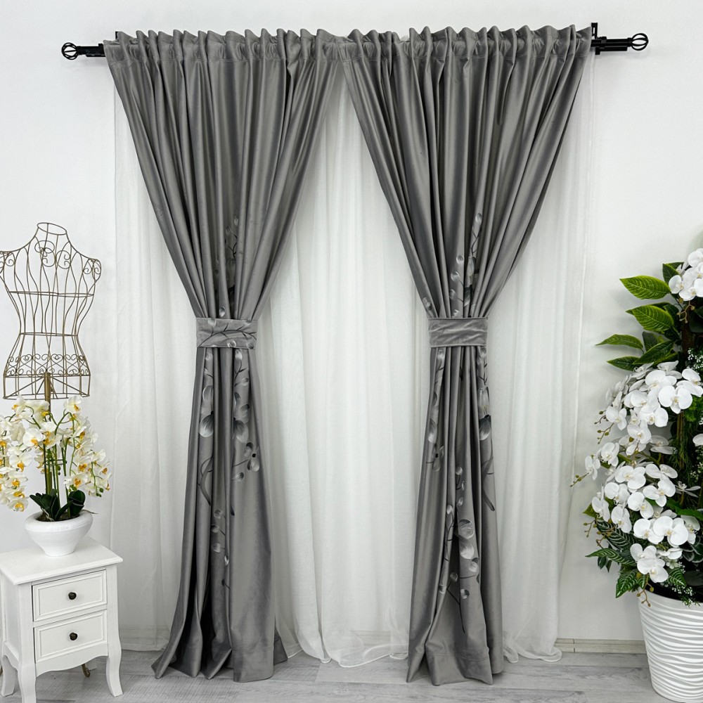Set 2 bucati Draperie Catifea Pictata Manual, Gri deschis, flori, 200cm latime x 232cm inaltime, cu rejansa pentru bara – imagine 7