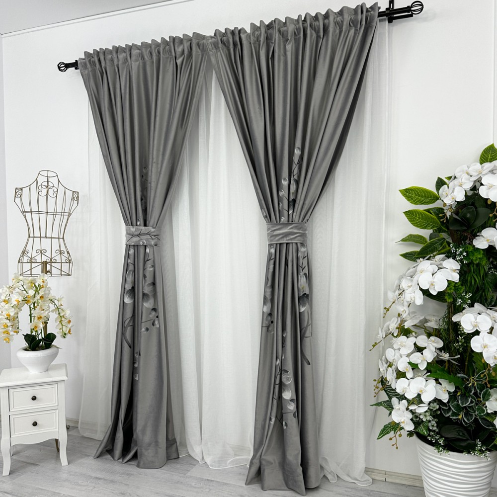 Set 2 bucati Draperie Catifea Pictata Manual, Gri deschis, flori, 200cm latime x 232cm inaltime, cu rejansa pentru bara – imagine 8
