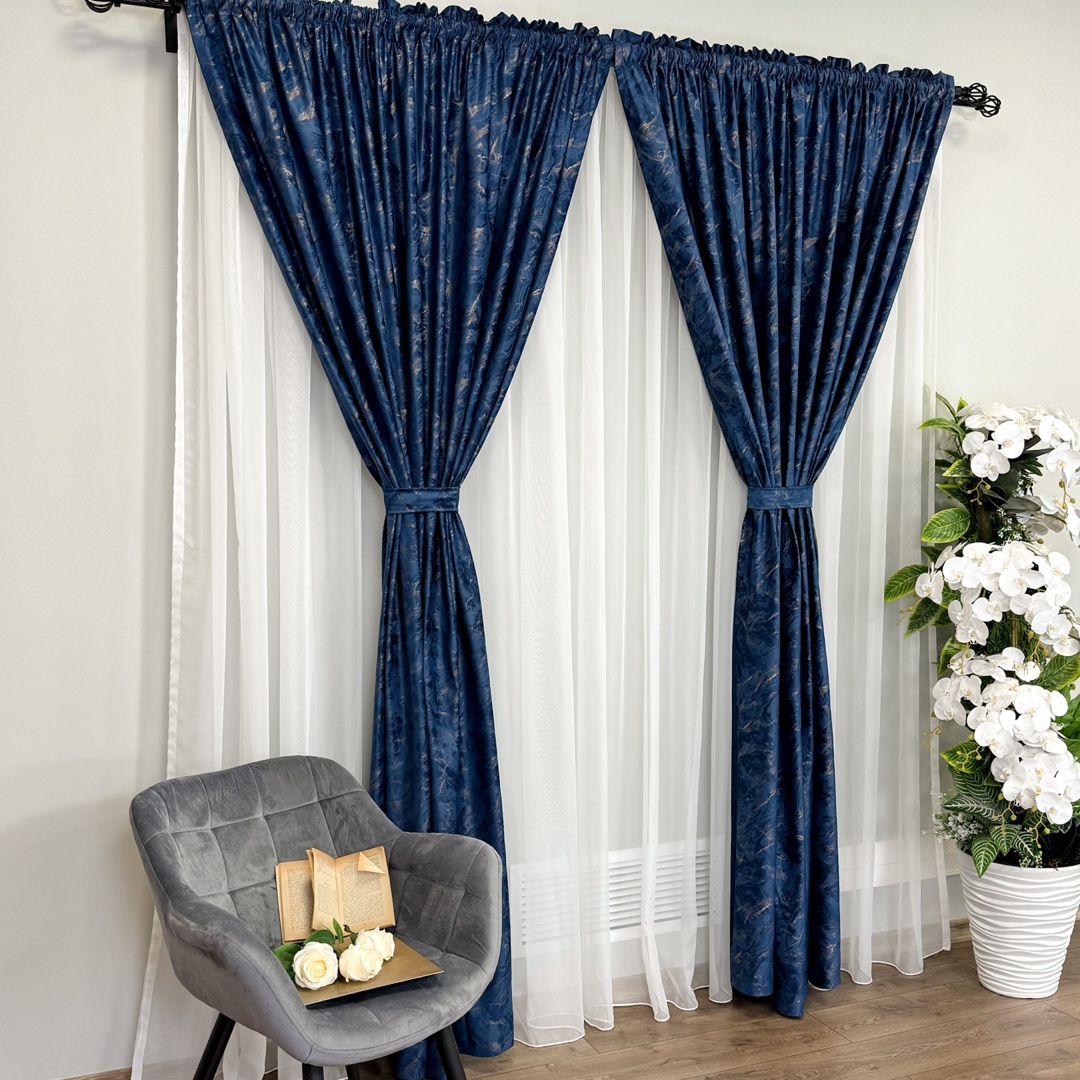 Poze Set 2 bucati Draperie Catifea MYKONOS cu valuri rafinate aurii, Albastru royal - V29, 360cm latime x 260cm, Rejansa pt. sina cumparamisim.ro