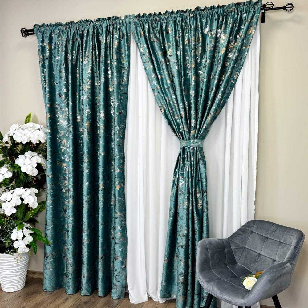 Set Draperie Catifea Nikko cu insertii aurii , 200cm x250cm,Tiv lat , Verde Aqua - V9 – imagine 2