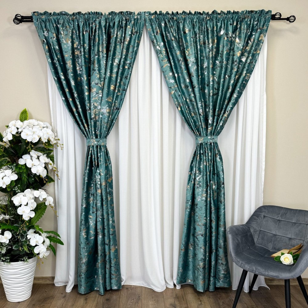 Set Draperie Catifea Nikko cu insertii aurii , 200cm x250cm,Tiv lat , Verde Aqua - V9 – imagine 5