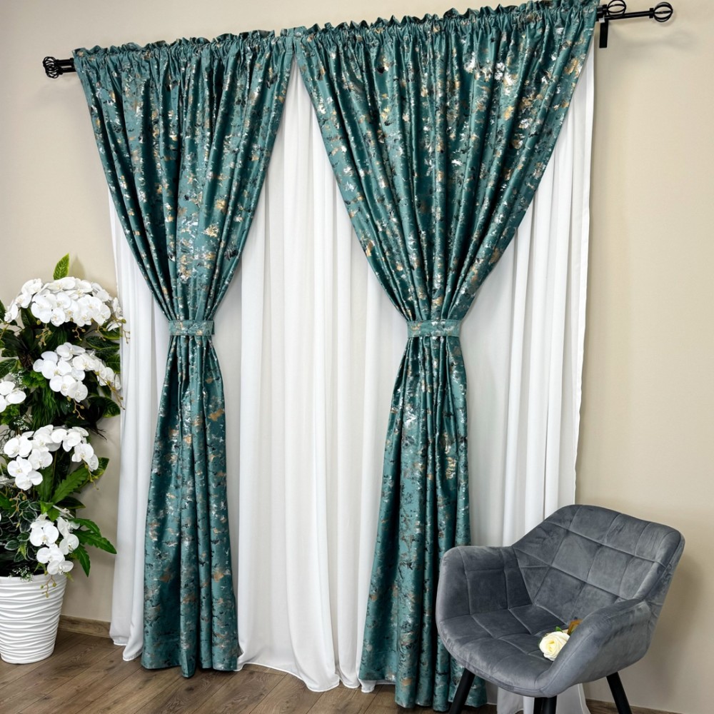 Set Draperie Catifea Nikko cu insertii aurii , 200cm x250cm,Tiv lat , Verde Aqua - V9 – imagine 6