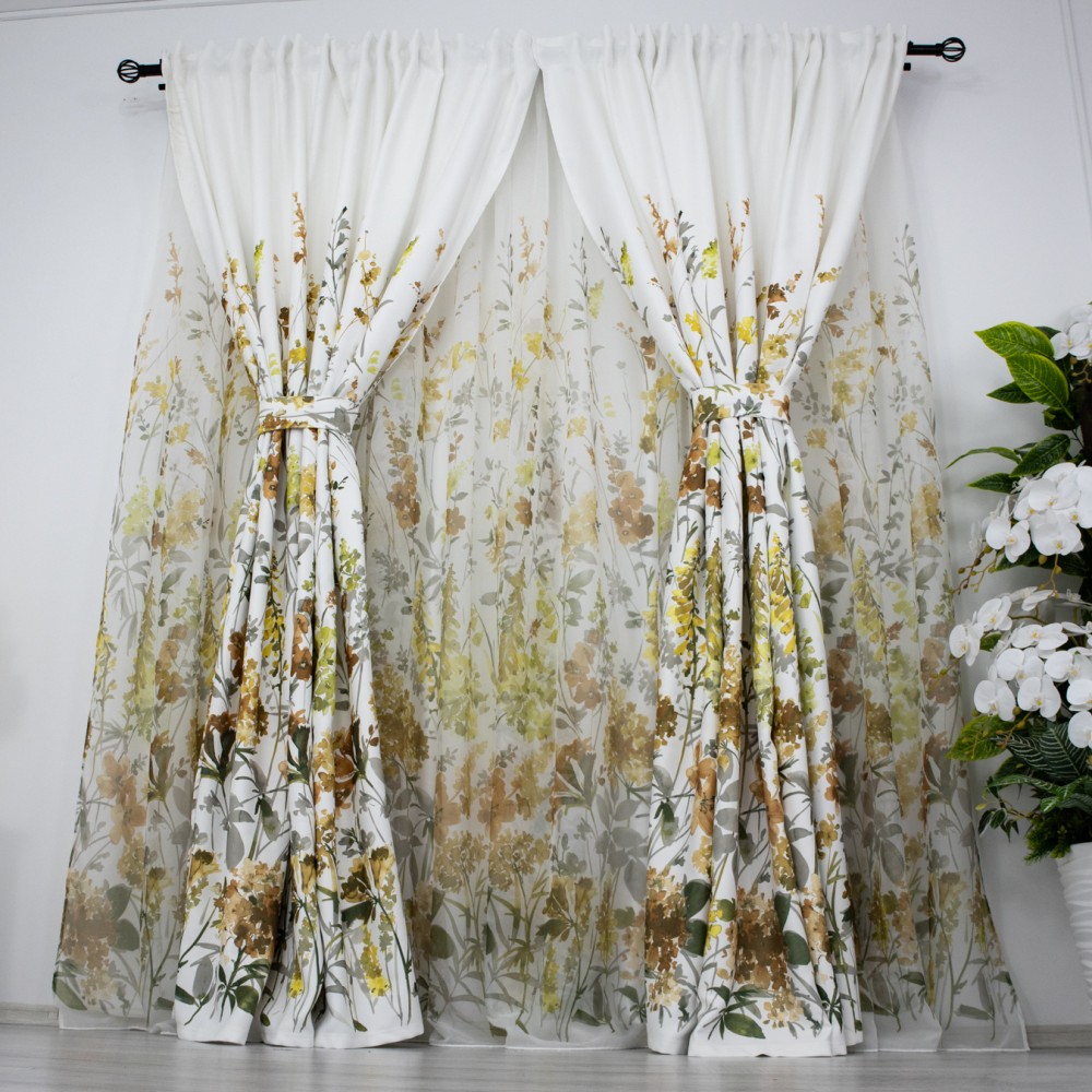 Set 2 Draperii Satinata imprimata - 100cm latime x 200cm inaltime , Rejansa pt. sina, flori maro – imagine 6