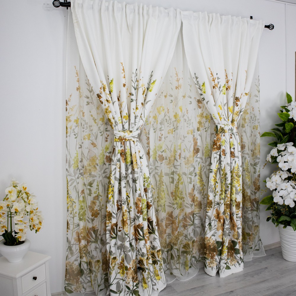 Set 2 Draperii Satinata imprimata - 100cm latime x 200cm inaltime , Rejansa pt. sina, flori maro – imagine 7