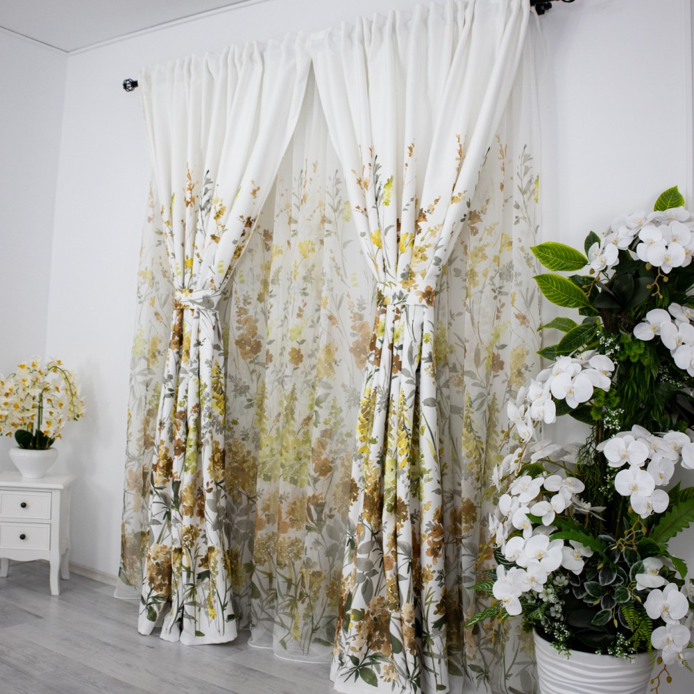 Set 2 Draperii Satinata imprimata - 100cm latime x 200cm inaltime , Rejansa pt. sina, flori maro – imagine 8
