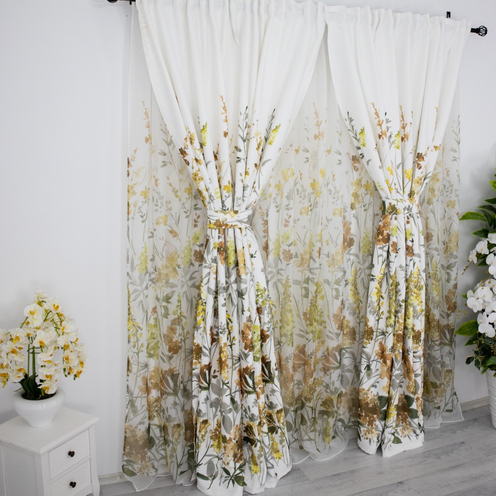 Set 2 Draperii Satinata imprimata - 100cm latime x 200cm inaltime , Rejansa pt. sina, flori maro — imaginea 10