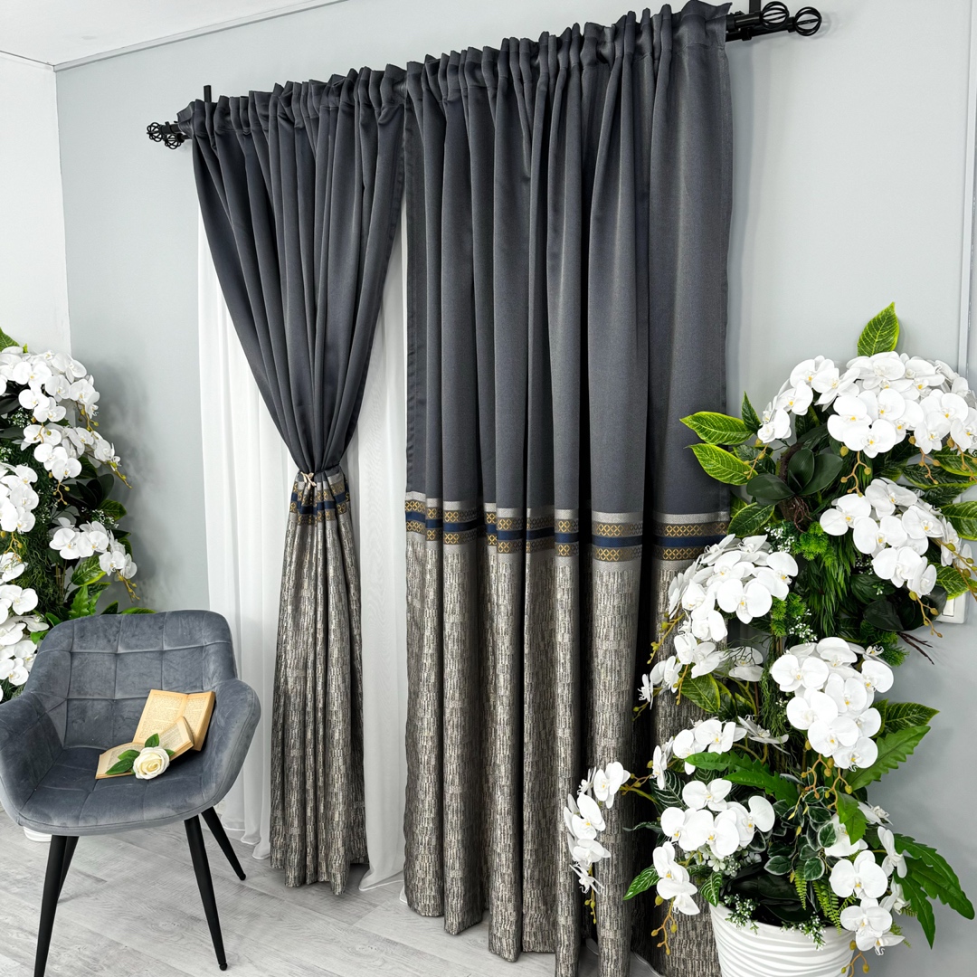 Set 2 Draperii Simplicity, tip panou 300cm latime x 232cm inaltime, rejansa pt. bara , Antracit cu Bej - 1 | YEO