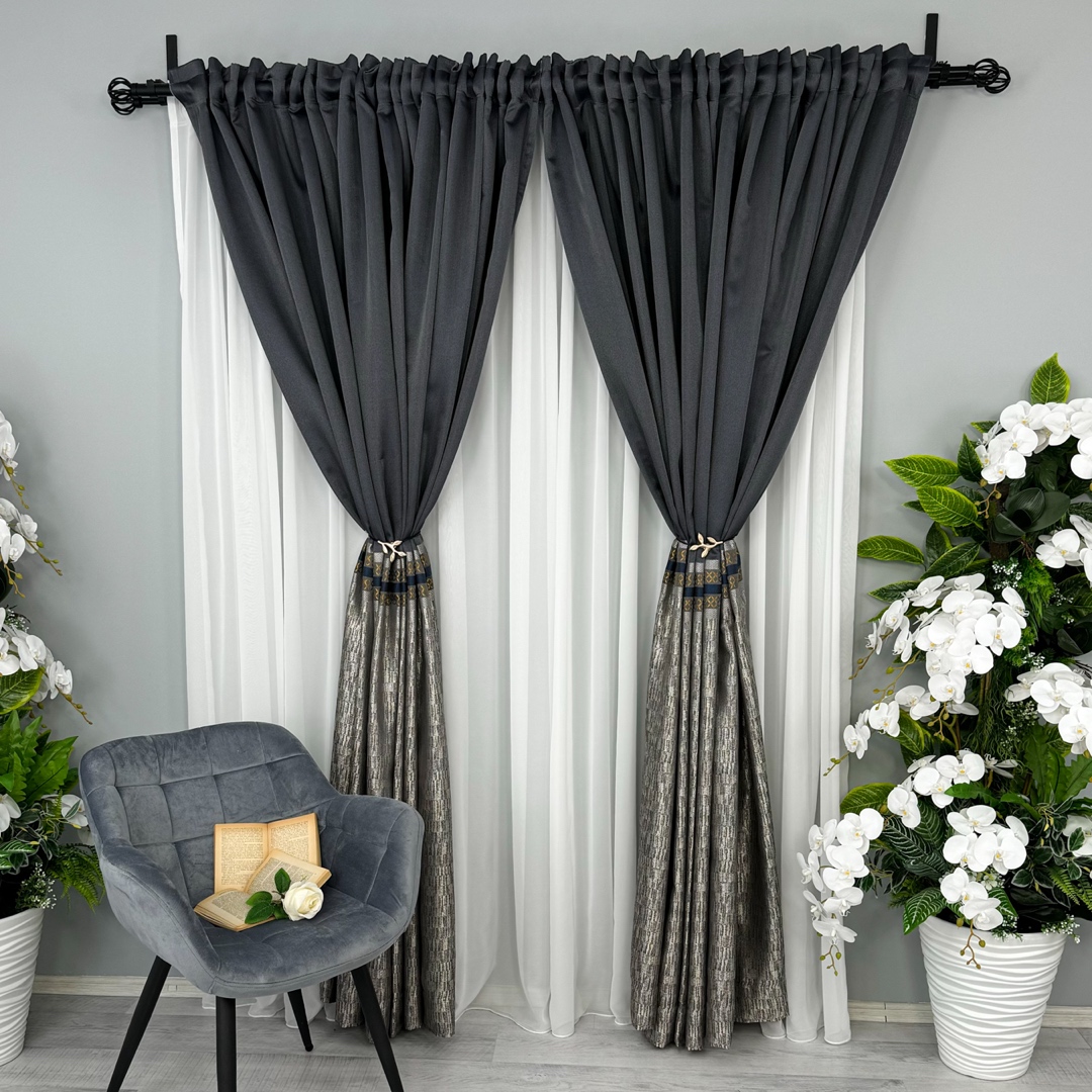 Set 2 Draperii Simplicity, tip panou 300cm latime x 232cm inaltime, rejansa pt. bara , Antracit cu Bej - 4 | YEO
