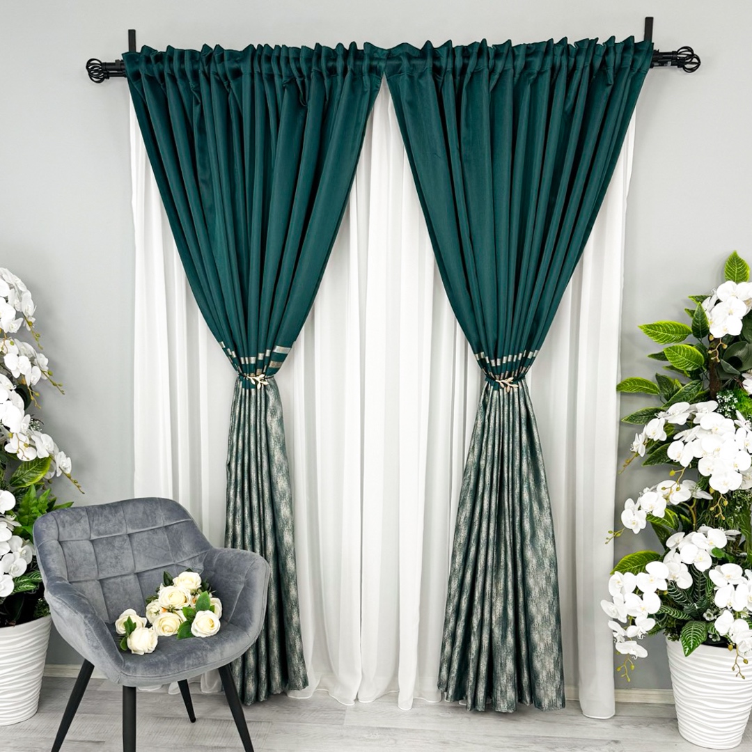 Set 2 Draperii Lines, tip panou 3 metri latime x 232cm inaltime x rejansa pt bara, Verde cu Bej - 3 | YEO