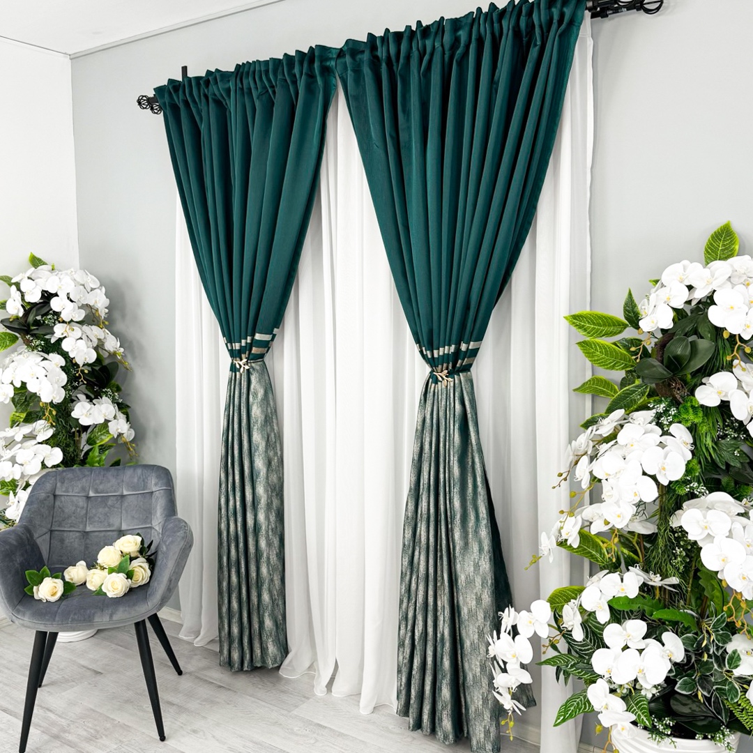 Set 2 Draperii Lines, tip panou 3 metri latime x 232cm inaltime x rejansa pt bara, Verde cu Bej - 4 | YEO