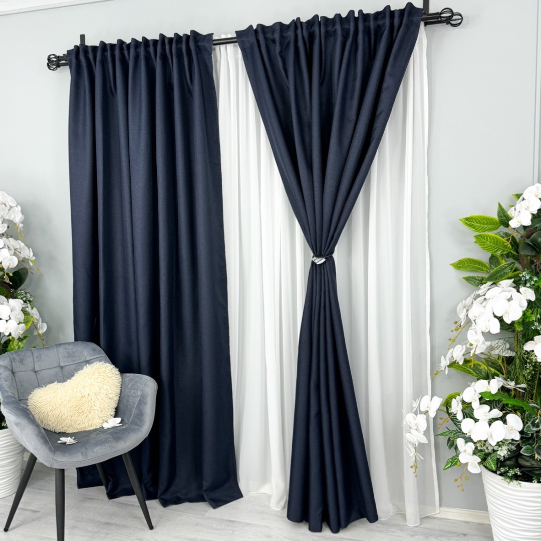 Set 2 Draperii HoReCa TEXTURATA tip IN, Bleumarin, 2m latime x 232cm inaltime x rejansa pt bara - 1 | YEO