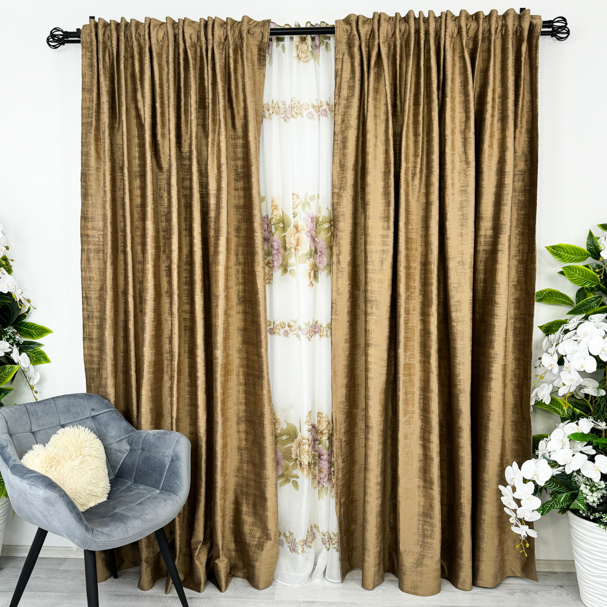 Poze Set 2 Draperii Catifea cu model Venti - 200cm x 232cm ,  Rejansa pt. bara , Maro deschis cumparamisim.ro