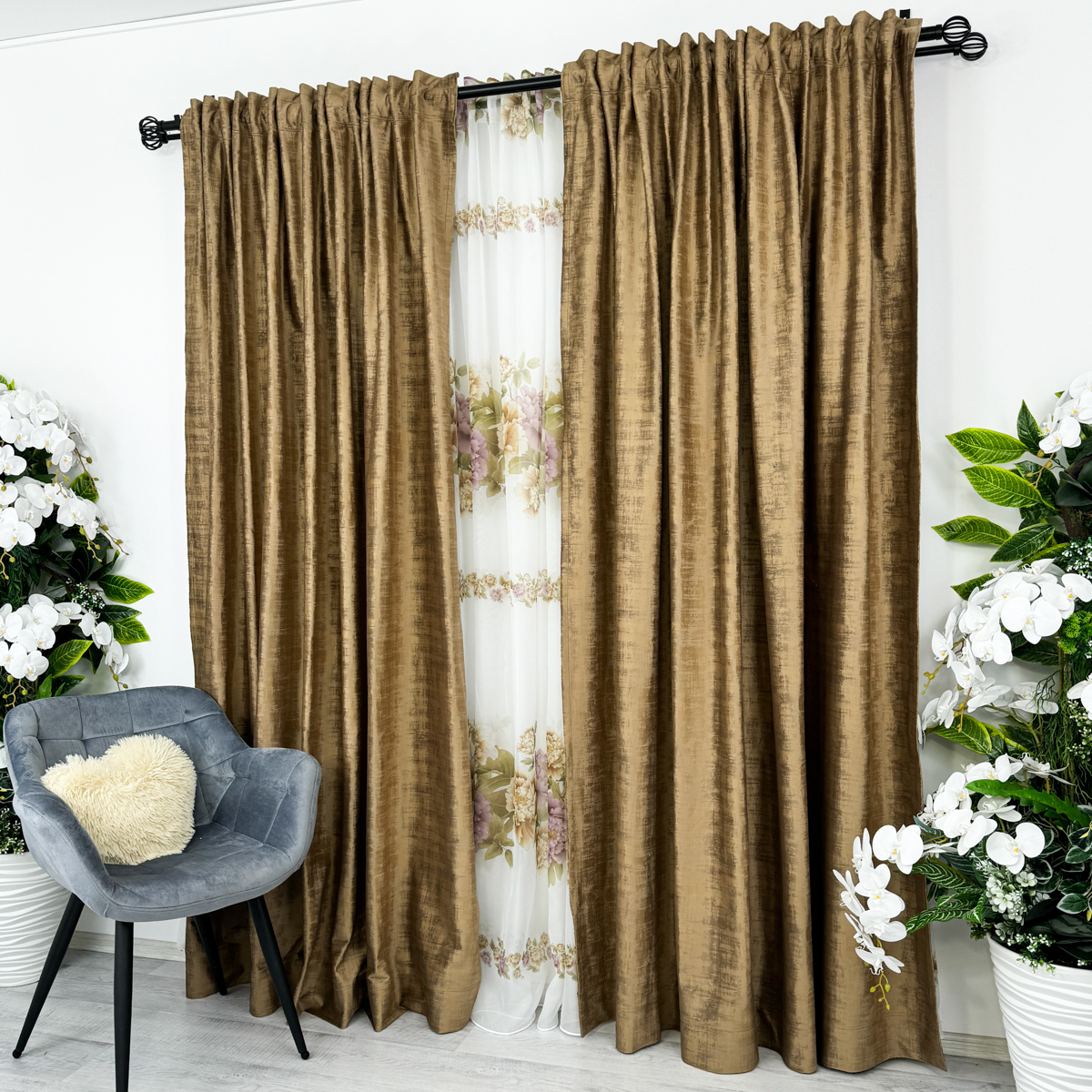 Poze Set 2 Draperii Catifea cu model Venti - 200cm x 232cm ,  Rejansa pt. bara , Maro deschis cumparamisim.ro