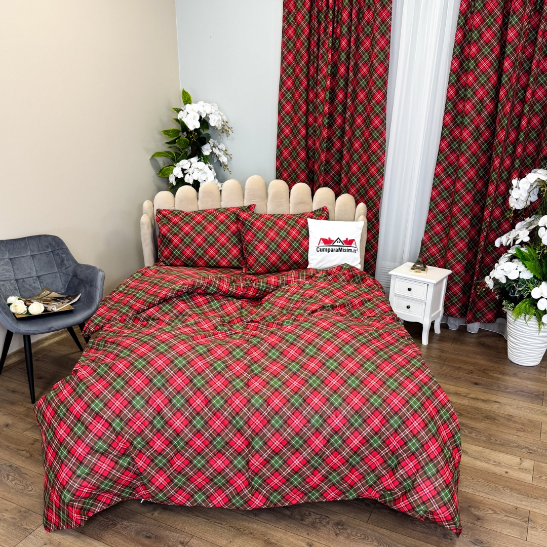 Poze Set Lenjerie Pat Dublu Craciun 4 Piese + 2 Draperii 150x235cm din Bumbac Ranforsat – Confort si Eleganta, Fabricat in Romania,Rosu, Verde, Carouri cumparamisim.ro