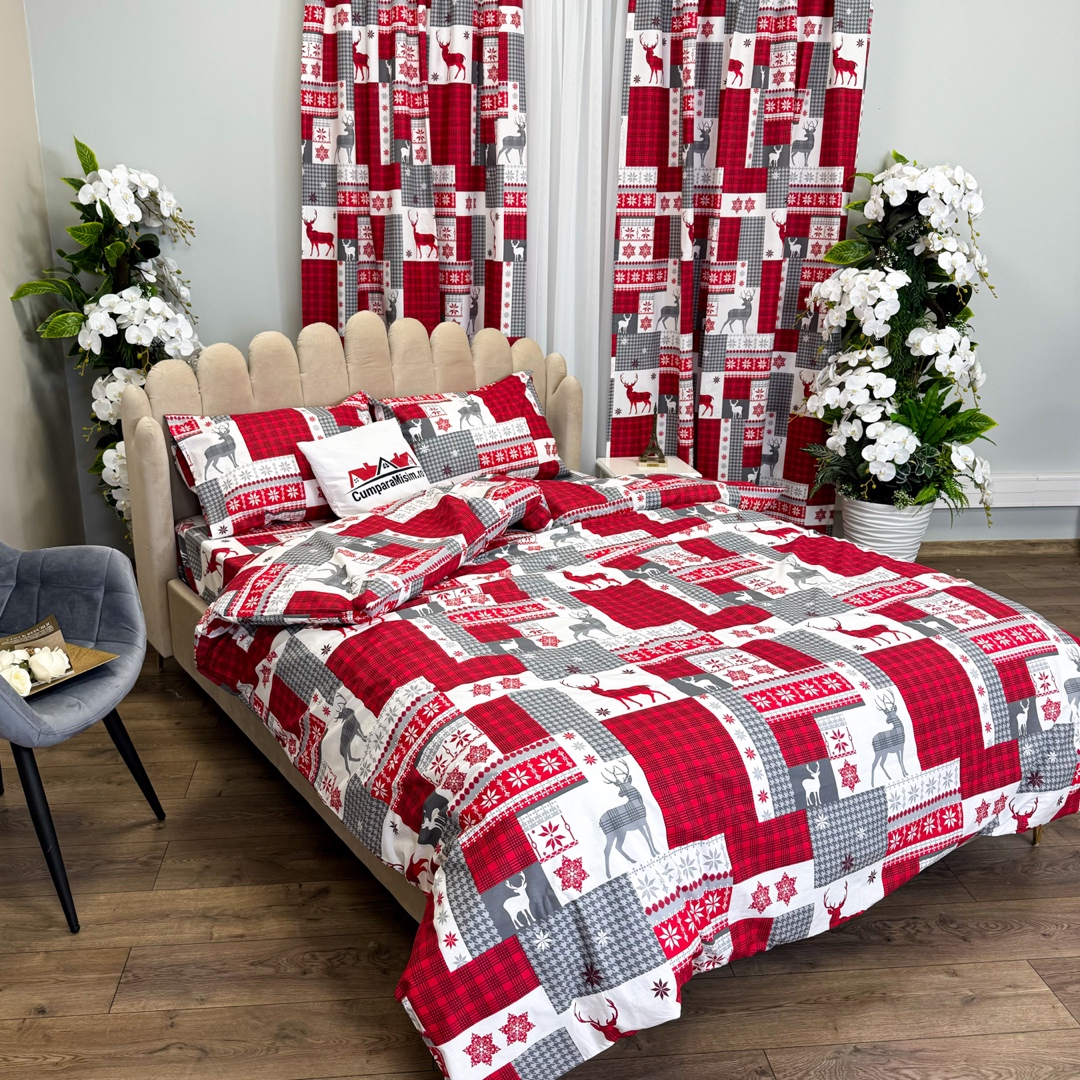 Set Lenjerie Pat Dublu Craciun 4 Piese + 2 Draperii 150x235cm din Bumbac Ranforsat – Confort si Eleganta, Fabricat in Romania, Alb,Gri, Rosu, Fulgi de Zapada, Reni, Carouri - 1 | YEO