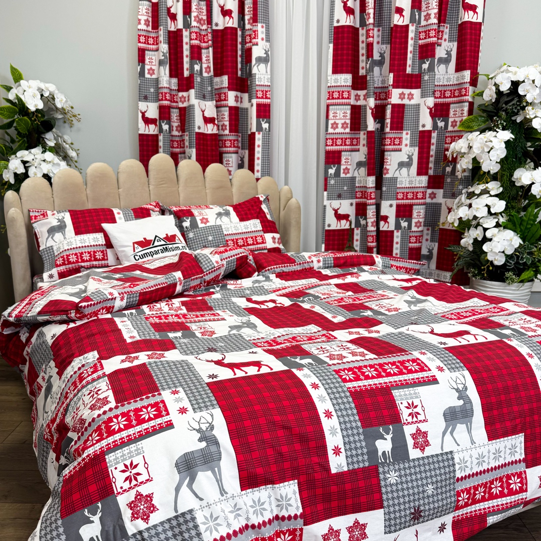 Set Lenjerie Pat Dublu Craciun 4 Piese + 2 Draperii 150x235cm din Bumbac Ranforsat – Confort si Eleganta, Fabricat in Romania, Alb,Gri, Rosu, Fulgi de Zapada, Reni, Carouri - 2 | YEO
