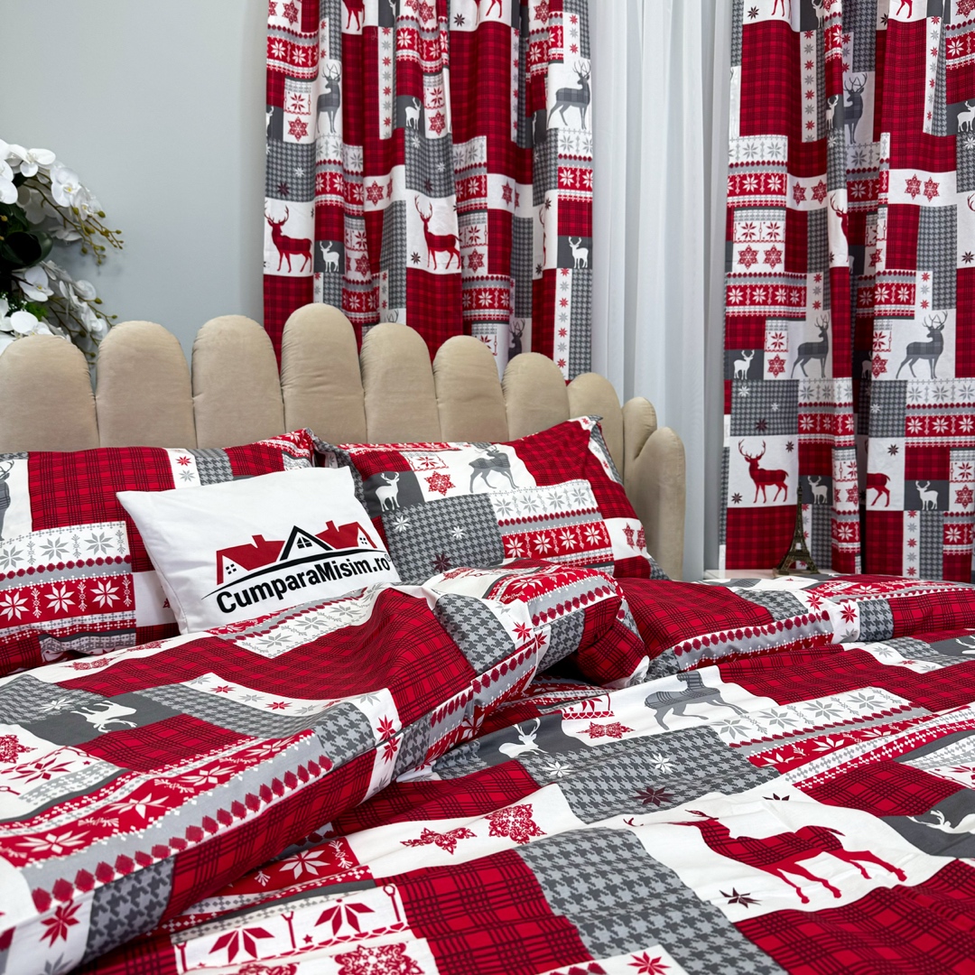 Set Lenjerie Pat Dublu Craciun 4 Piese + 2 Draperii 150x235cm din Bumbac Ranforsat – Confort si Eleganta, Fabricat in Romania, Alb,Gri, Rosu, Fulgi de Zapada, Reni, Carouri - 3 | YEO