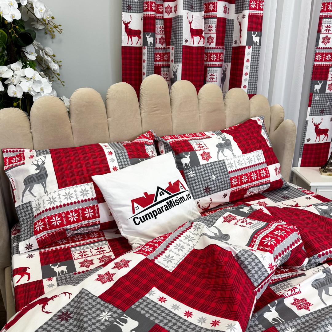 Set Lenjerie Pat Dublu Craciun 4 Piese + 2 Draperii 150x235cm din Bumbac Ranforsat – Confort si Eleganta, Fabricat in Romania, Alb,Gri, Rosu, Fulgi de Zapada, Reni, Carouri - 4 | YEO