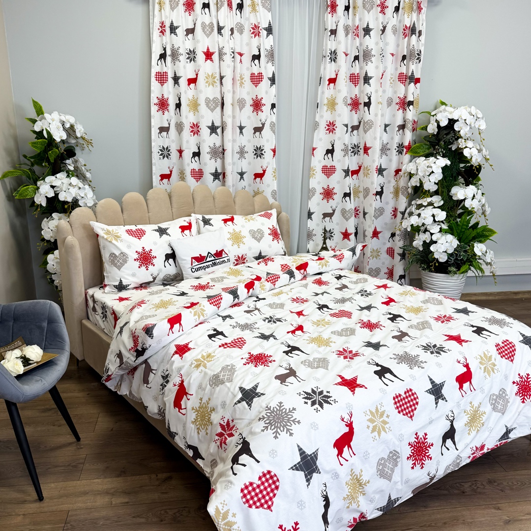 Set Lenjerie Pat Dublu Craciun 4 Piese + 2 Draperii 150x235cm din Bumbac Ranforsat – Confort si Eleganta, Fabricat in Romania, Alb, Rosu, Gri, Galben, Reni, Stelute, Inimioare, Fulgi de Nea - 2 | YEO
