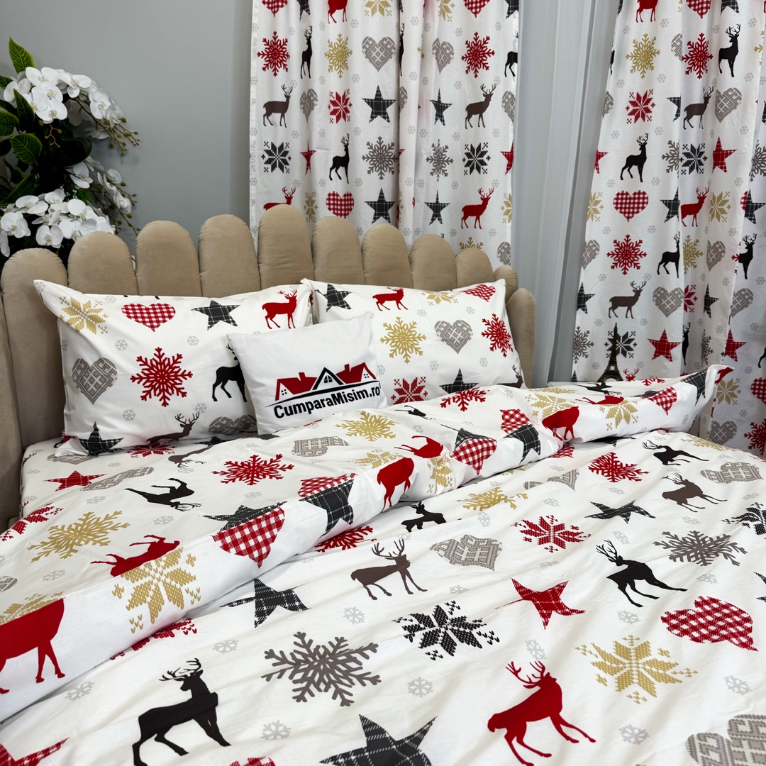 Set Lenjerie Pat Dublu Craciun 4 Piese + 2 Draperii 150x235cm din Bumbac Ranforsat – Confort si Eleganta, Fabricat in Romania, Alb, Rosu, Gri, Galben, Reni, Stelute, Inimioare, Fulgi de Nea - 4 | YEO