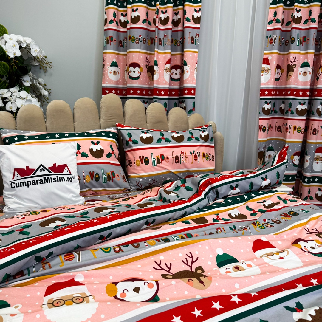 Poze Set Lenjerie Pat Dublu Craciun 4 Piese + 2 Draperii 150x235cm din Bumbac Ranforsat – Confort si Eleganta, Fabricat in Romania, Roz, Gri, Reni, Stelute, Fulgi de Nea cumparamisim.ro