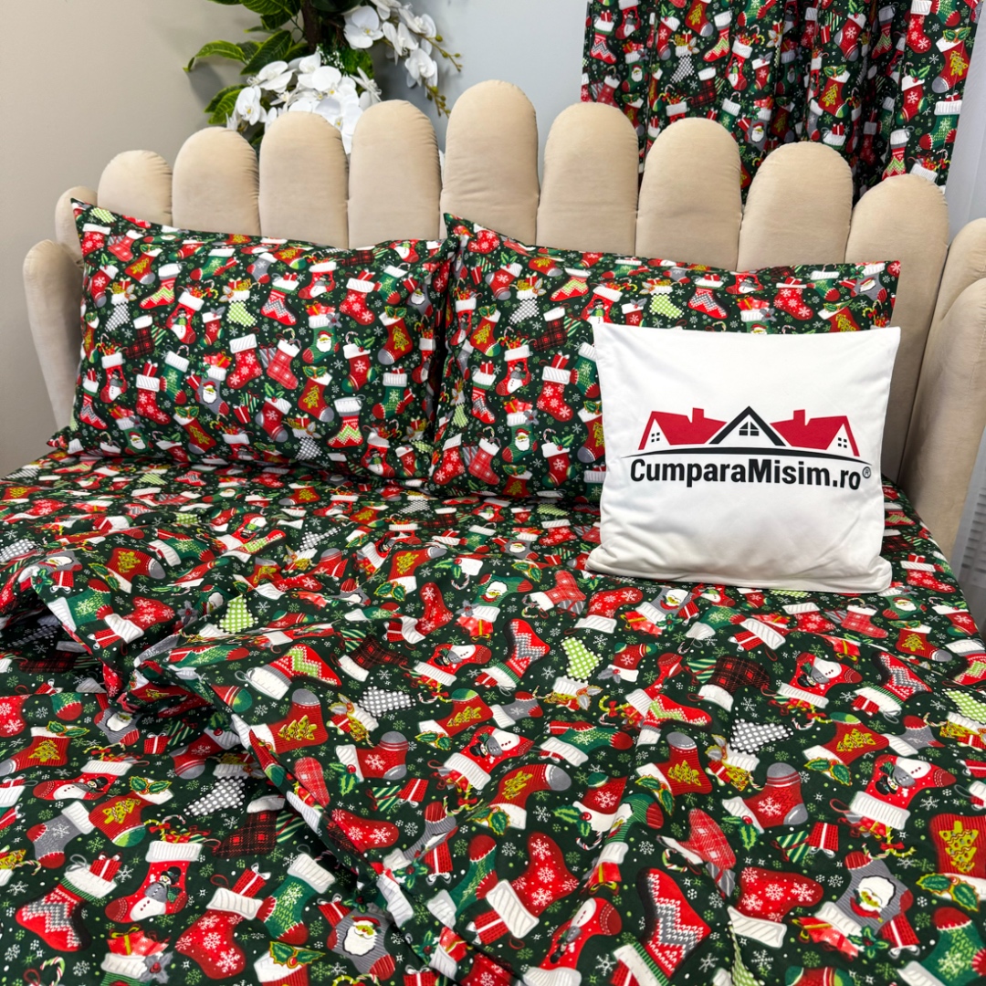 Poze Set Lenjerie Pat Dublu Craciun 4 Piese + 2 Draperii 150x235cm din Bumbac Ranforsat – Confort si Eleganta, Fabricat in Romania, Verde, ciorapii, fulgi de nea cumparamisim.ro