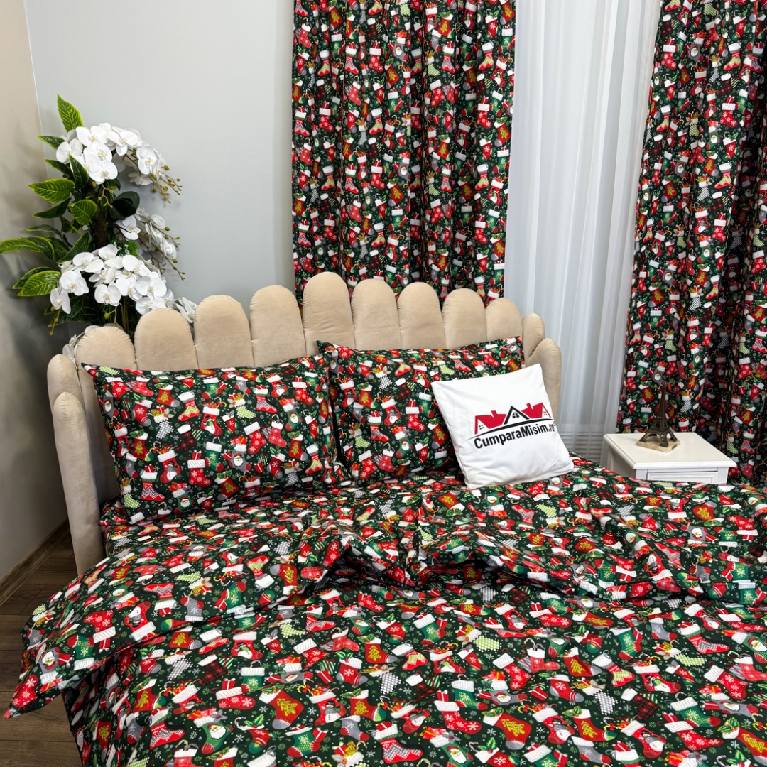 Poze Set Lenjerie Pat Dublu Craciun 4 Piese + 2 Draperii 150x235cm din Bumbac Ranforsat – Confort si Eleganta, Fabricat in Romania, Verde, ciorapii, fulgi de nea cumparamisim.ro