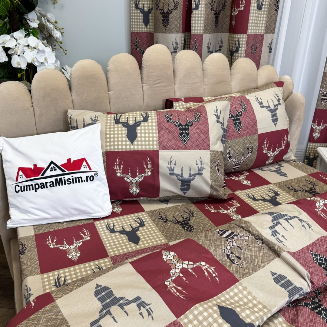 Poze Set Lenjerie Pat Dublu Craciun 4 Piese + 2 Draperii 150x235cm din Bumbac Ranforsat – Confort si Eleganta, Fabricat in Romania, Rosu, Bej, patratele, reni cumparamisim.ro