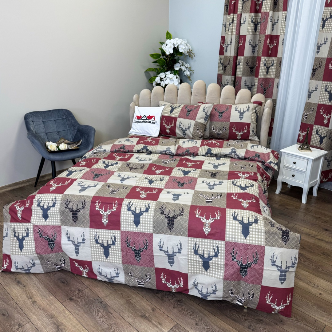 Poze Set Lenjerie Pat Dublu Craciun 4 Piese + 2 Draperii 150x235cm din Bumbac Ranforsat – Confort si Eleganta, Fabricat in Romania, Rosu, Bej, patratele, reni cumparamisim.ro