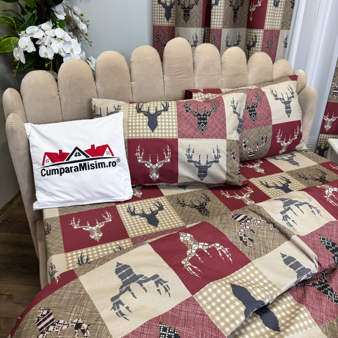 Poze Set Lenjerie Pat Dublu Craciun 4 Piese + 2 Draperii 150x235cm din Bumbac Ranforsat – Confort si Eleganta, Fabricat in Romania, Rosu, Bej, patratele, reni cumparamisim.ro