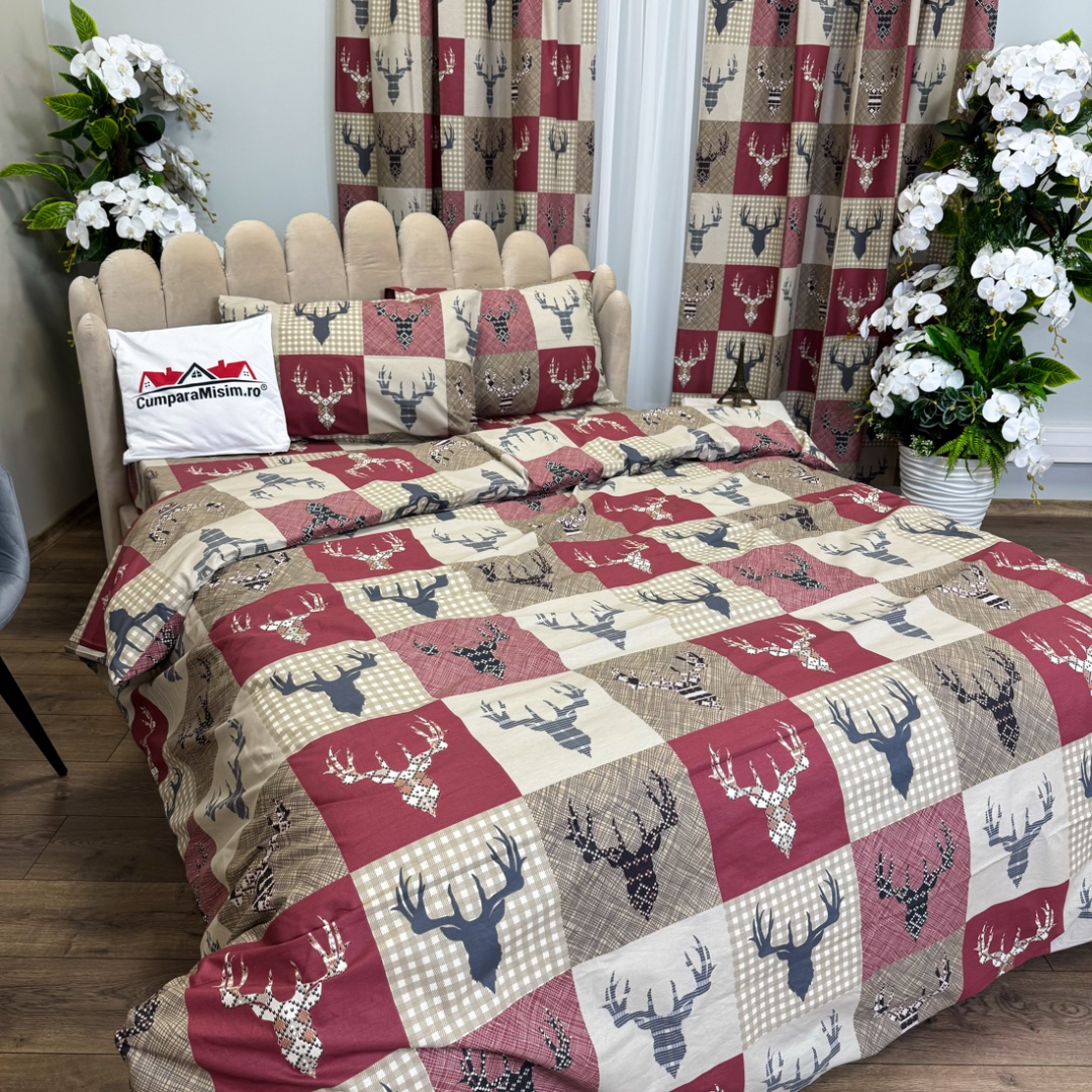 Poze Set Lenjerie Pat Dublu Craciun 4 Piese + 2 Draperii 150x235cm din Bumbac Ranforsat – Confort si Eleganta, Fabricat in Romania, Rosu, Bej, patratele, reni cumparamisim.ro