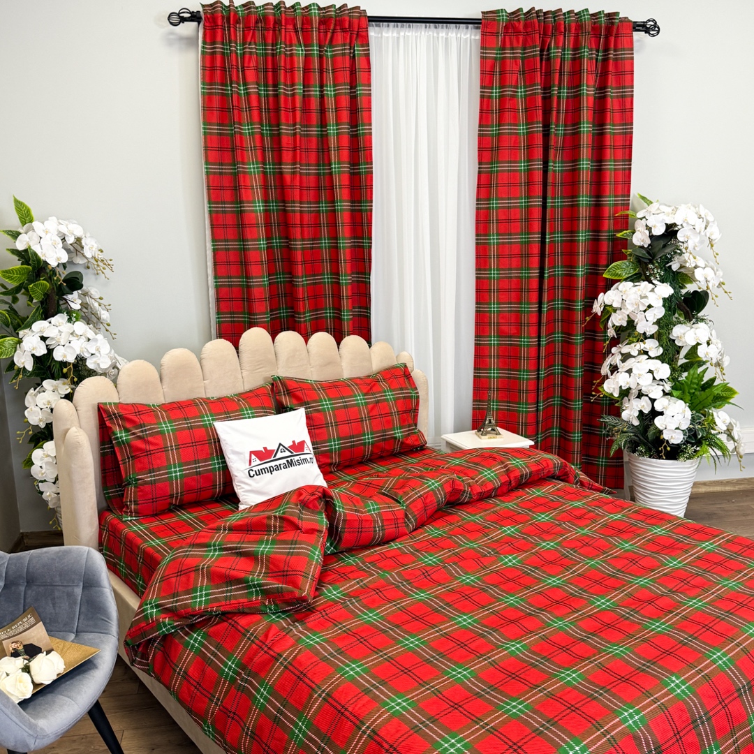 Poze Set Lenjerie Pat Dublu Craciun 4 Piese + 2 Draperii 150x235cm din Bumbac Ranforsat – Confort si Eleganta, Fabricat in Romania,Rosu, Verde, Carouri cumparamisim.ro