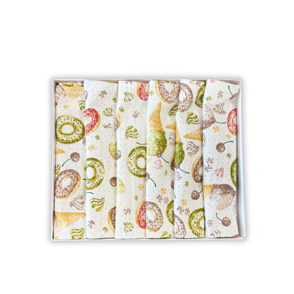 Set de 6 Prosoape Waffle, 30x50cm, pentru Bucatarie, Bumbac 100% Gofre, Atelier CumparaMisim, Alb, Multicolor, gogosi, inghetata - 2 | YEO