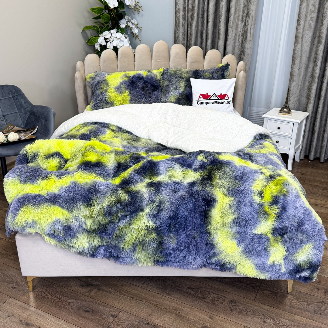 Pilota CoCoLiNo Fluffy, cu Blanita tip Sherpa, Alba, 200x230cm + 2 fete de perna 50x70cm, matlasata, Gri, Verde, degrade - 1 | YEO