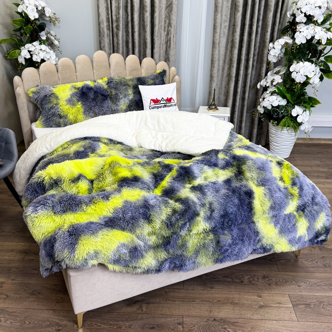 Pilota CoCoLiNo Fluffy, cu Blanita tip Sherpa, Alba, 200x230cm + 2 fete de perna 50x70cm, matlasata, Gri, Verde, degrade - 2 | YEO