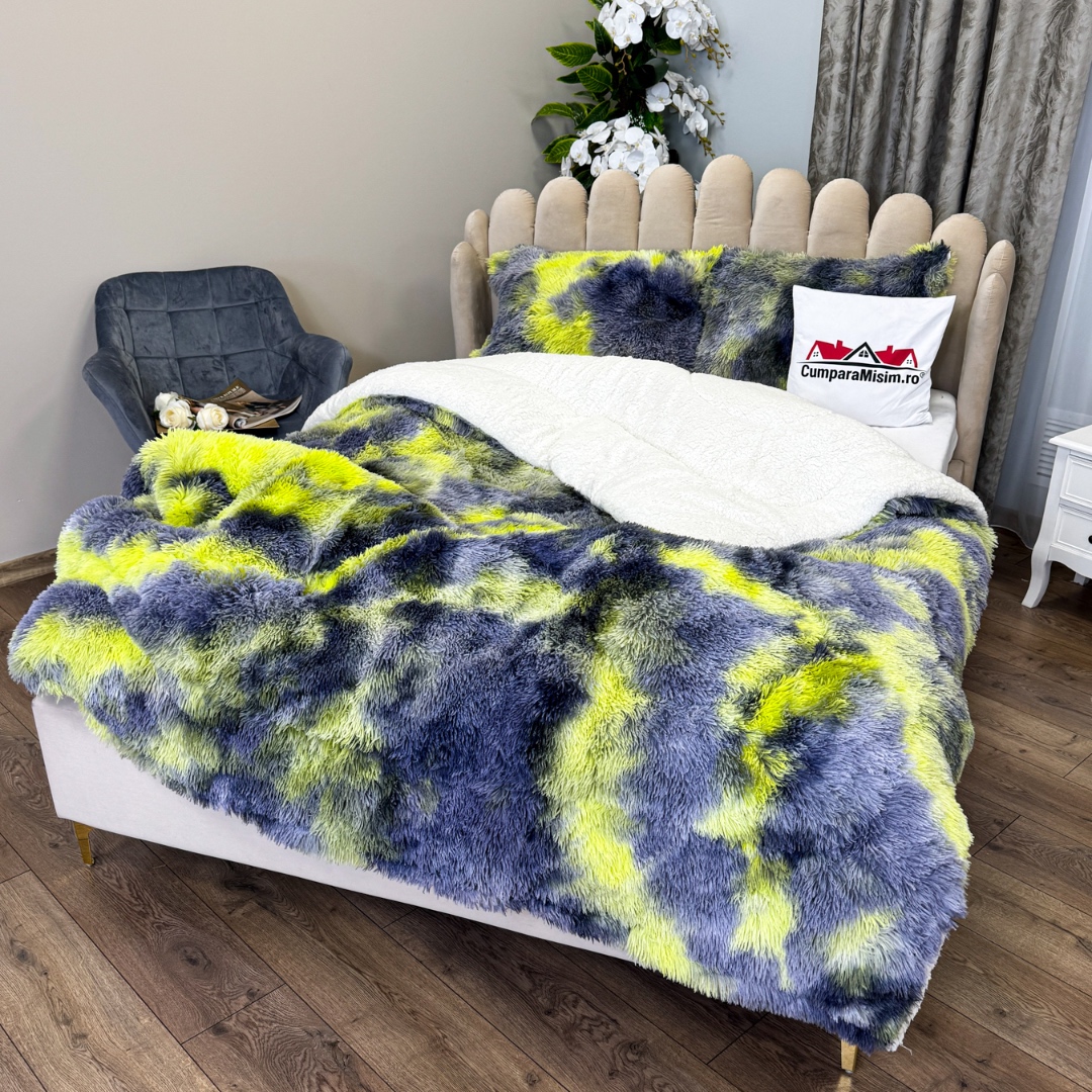 Pilota CoCoLiNo Fluffy, cu Blanita tip Sherpa, Alba, 200x230cm + 2 fete de perna 50x70cm, matlasata, Gri, Verde, degrade - 3 | YEO