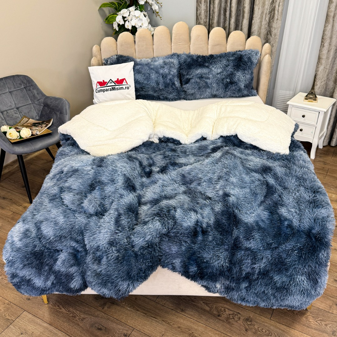 Pilota CoCoLiNo Fluffy, cu Blanita tip Sherpa, Alba, 200x230cm + 2 fete de perna 50x70cm, matlasata, Bleumarin, Alb, degrade - 1 | YEO