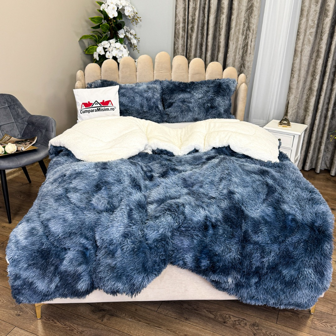 Pilota CoCoLiNo Fluffy, cu Blanita tip Sherpa, Alba, 200x230cm + 2 fete de perna 50x70cm, matlasata, Bleumarin, Alb, degrade - 4 | YEO
