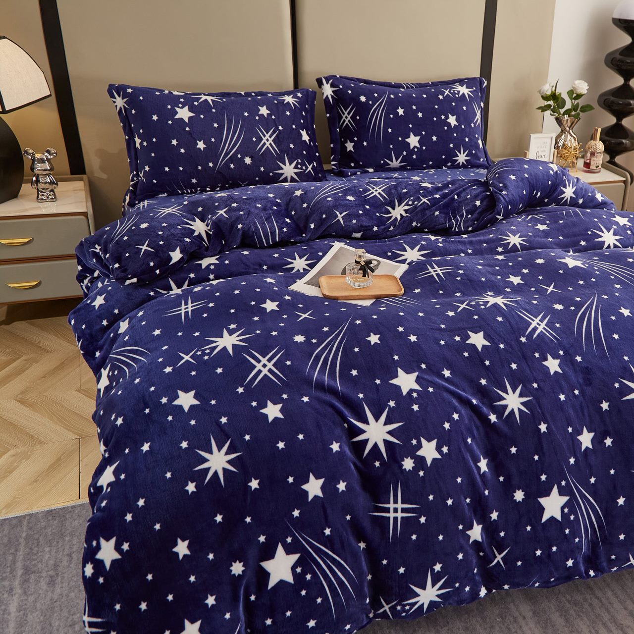 Lenjerie pat dublu, Super Pufoasa COCOLINO, 4 piese, Albastru, stelute - 1 | YEO