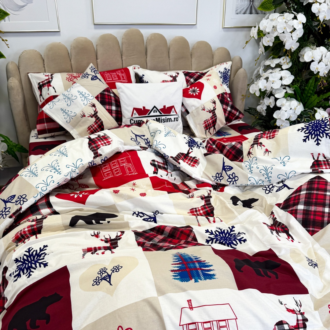 Poze Lenjerie de Pat Dublu, Bumbac Ranforce, 6 piese, Croita cu Grija in Atelierul Cumparamisim - Lux Suprem, Rafinament Desavarsit, Confort Regal, Rosu, Alb, Reni, inimioare, fulgi de nea, brazi cumparamisim.ro