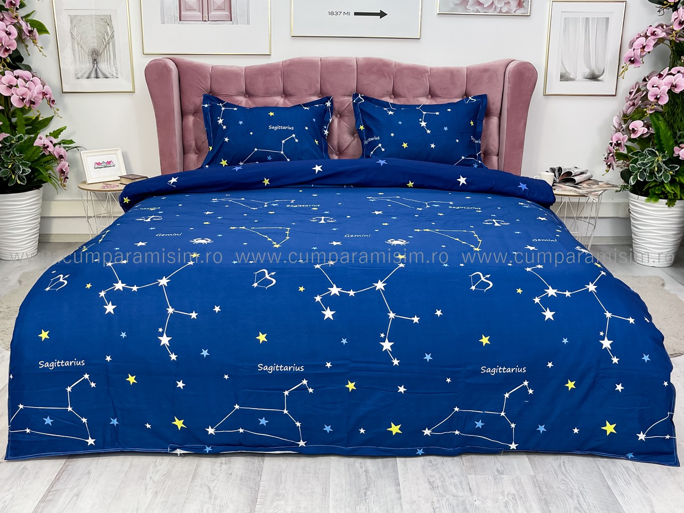(OFERTA 3 la 199 Lei) Lenjerie pat dublu cu doua feţe, bumbac satinat, 4 piese,  Bleumarin, stelute - 1 | YEO