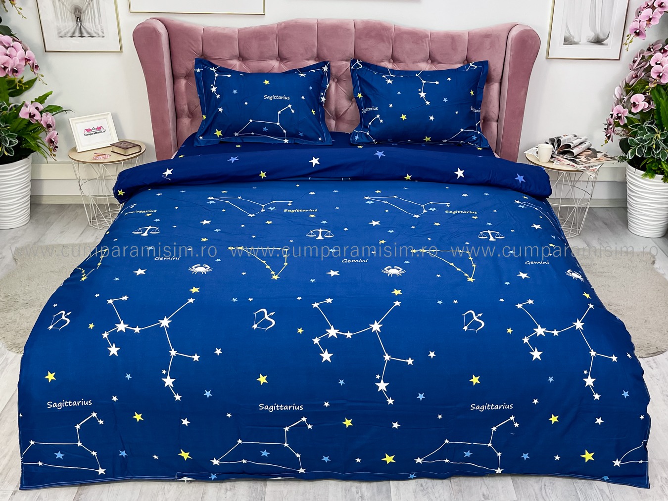 (OFERTA 3 la 199 Lei) Lenjerie pat dublu cu doua feţe, bumbac satinat, 4 piese,  Bleumarin, stelute - 2 | YEO
