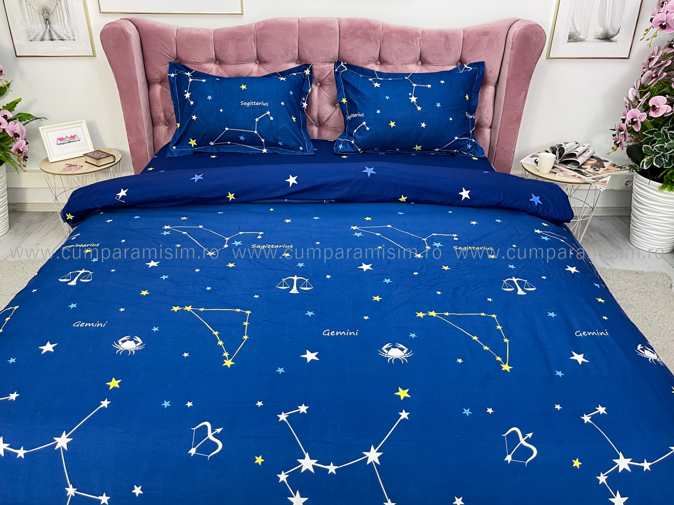 (OFERTA 3 la 199 Lei) Lenjerie pat dublu cu doua feţe, bumbac satinat, 4 piese,  Bleumarin, stelute - 3 | YEO