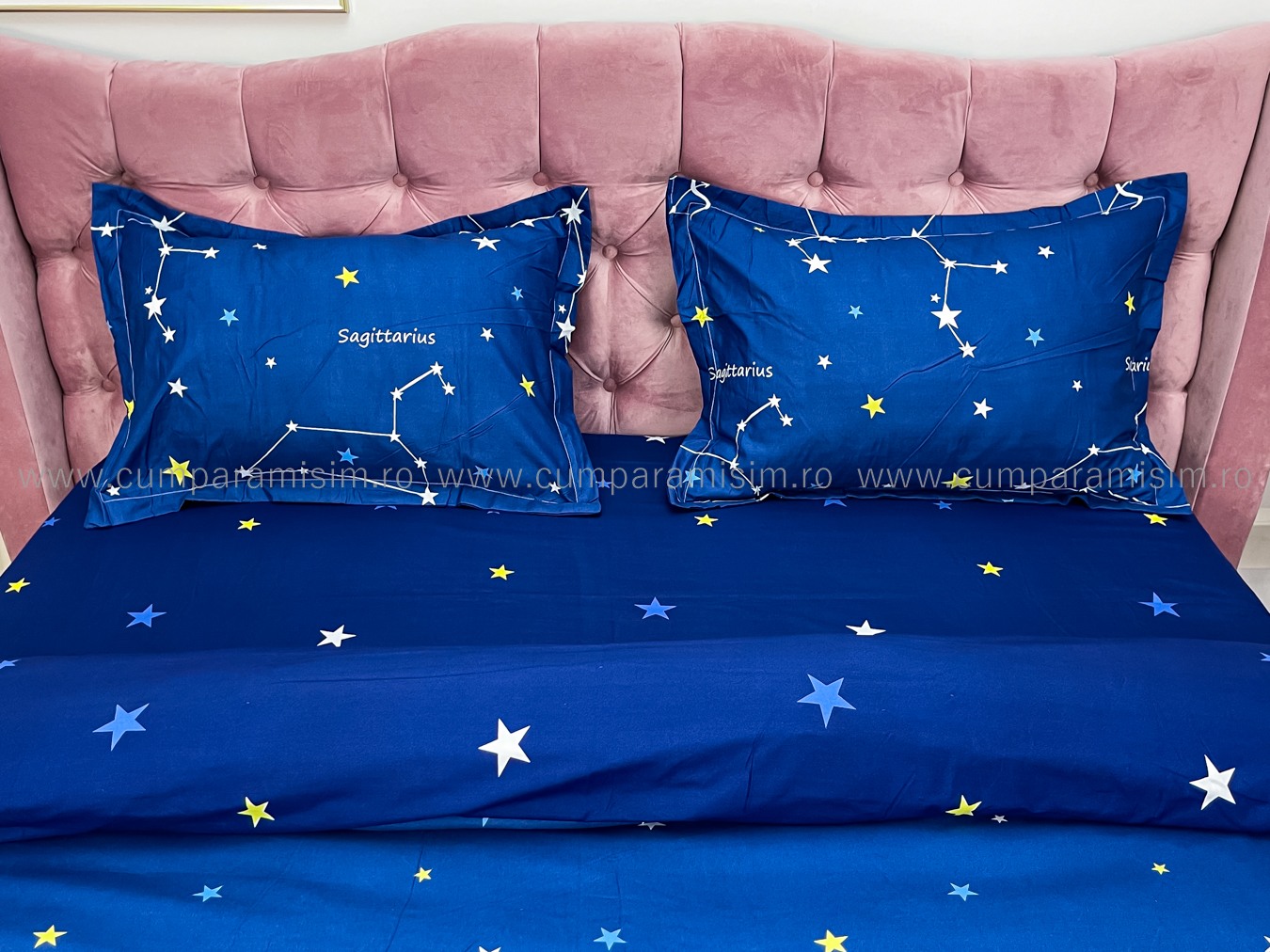 (OFERTA 3 la 199 Lei) Lenjerie pat dublu cu doua feţe, bumbac satinat, 4 piese,  Bleumarin, stelute - 4 | YEO