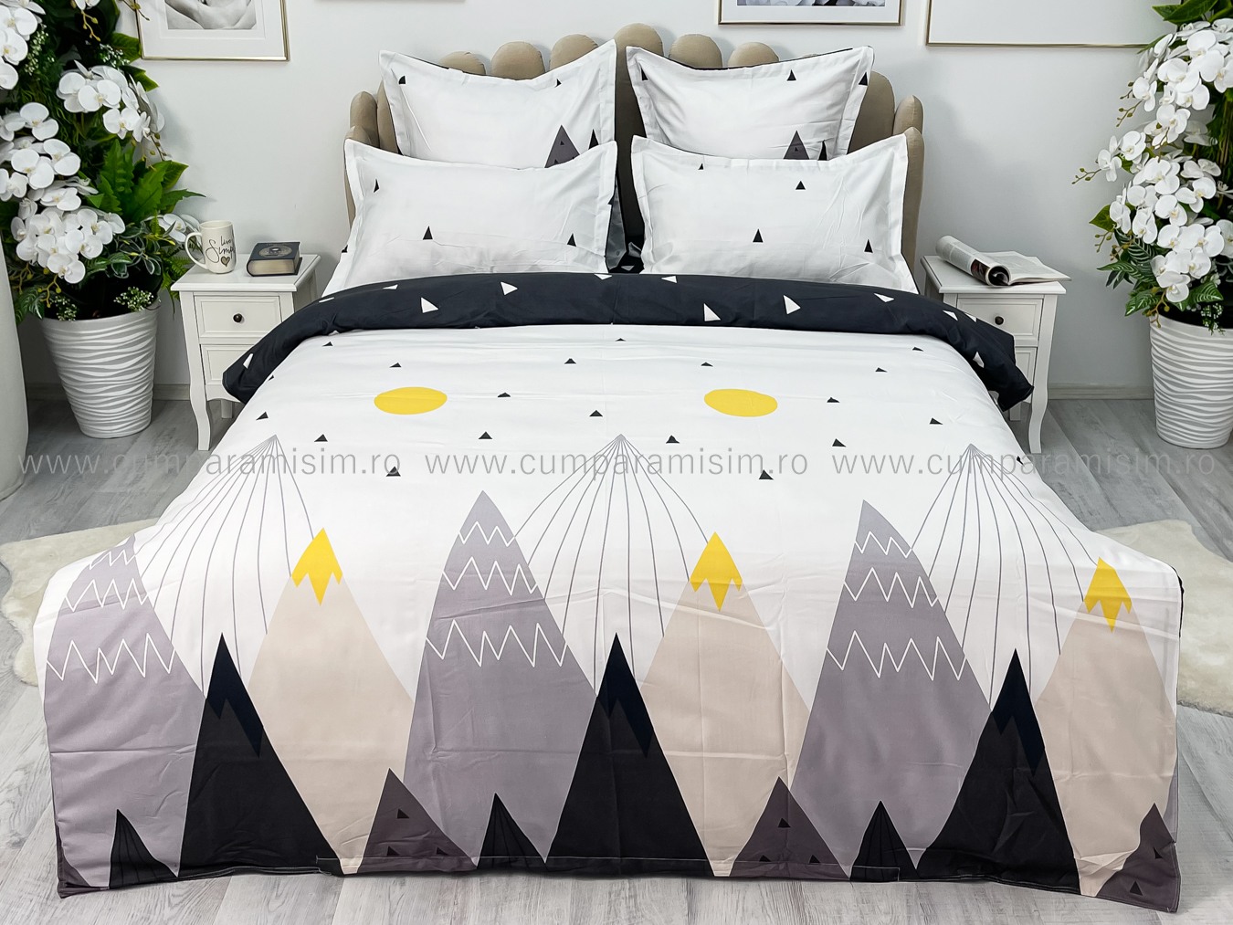 (OFERTA TRIO) Lenjerie pat dublu,  FINET, 6 piese, Alb-Gri, munti - 1 | YEO