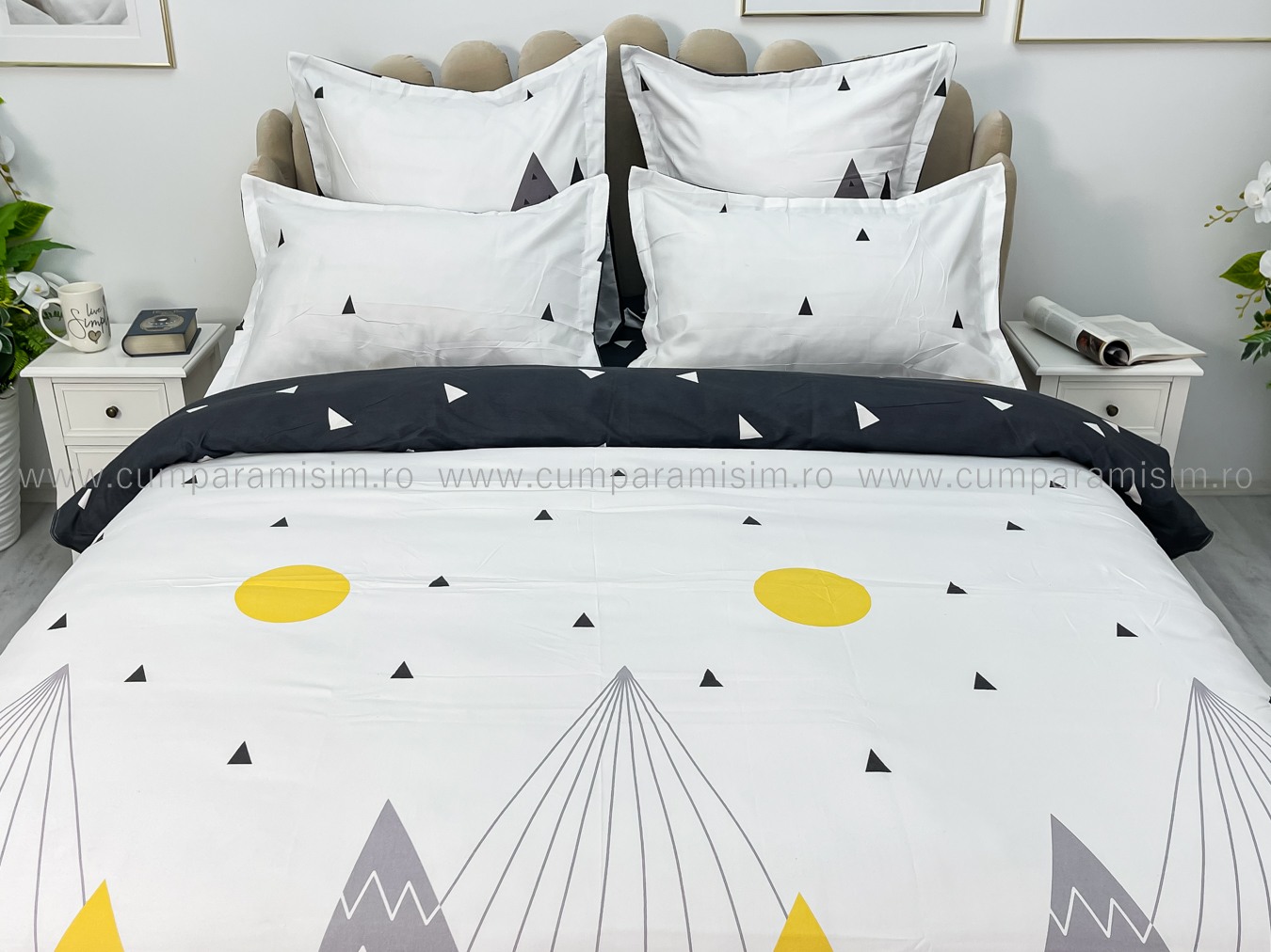 (OFERTA TRIO) Lenjerie pat dublu,  FINET, 6 piese, Alb-Gri, munti - 2 | YEO