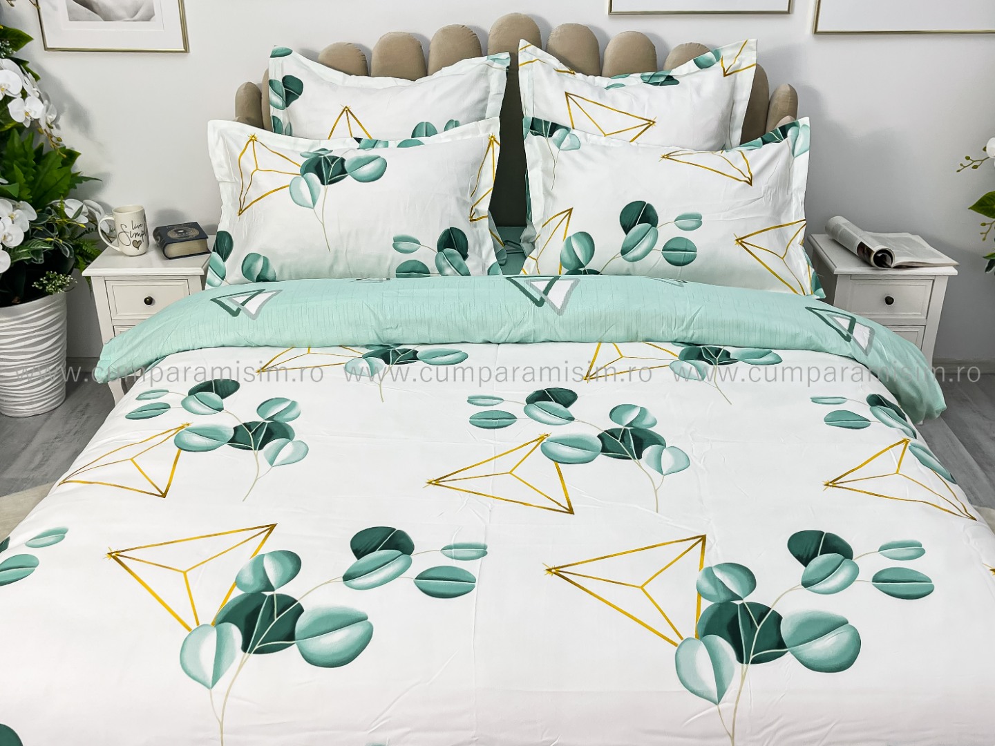 (OFERTA TRIO) Lenjerie pat dublu,  FINET, 6 piese, Alb-Verde, frunze - 2 | YEO