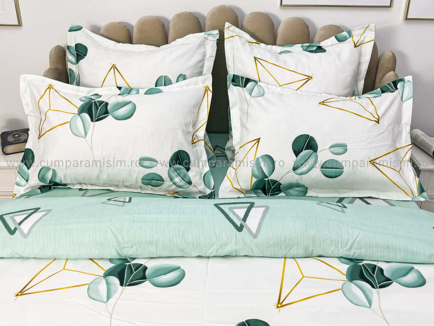 (OFERTA TRIO) Lenjerie pat dublu,  FINET, 6 piese, Alb-Verde, frunze - 3 | YEO